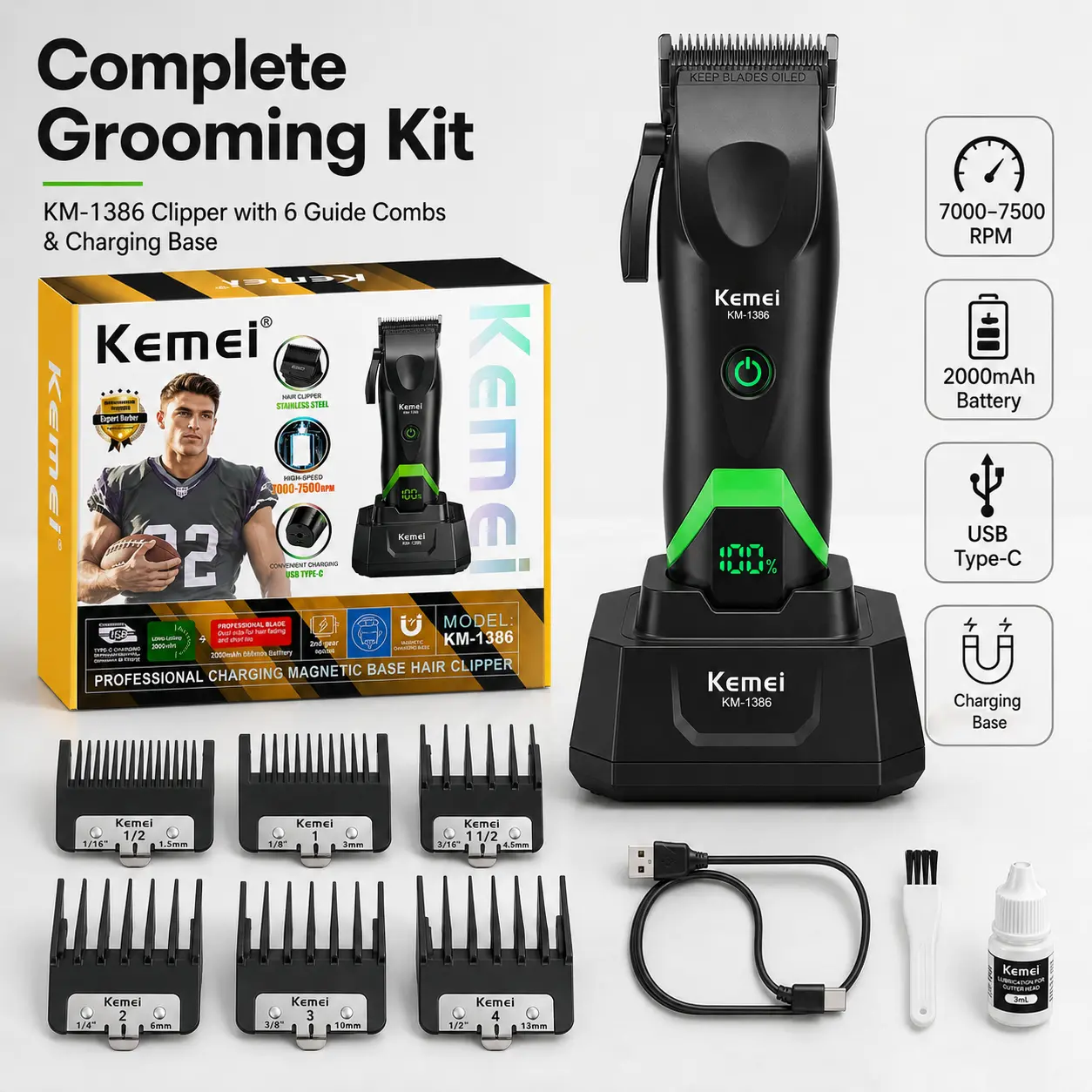 KEMEI KM-1386 Professional Portable Cordless Hair Clipper for Men - Smooth, Durable Daily Salon-Style Grooming Kit with Rechargeable Motor, LED Display for Barber & Home Use, Portable Cordless Hair Trimmers & Clippers