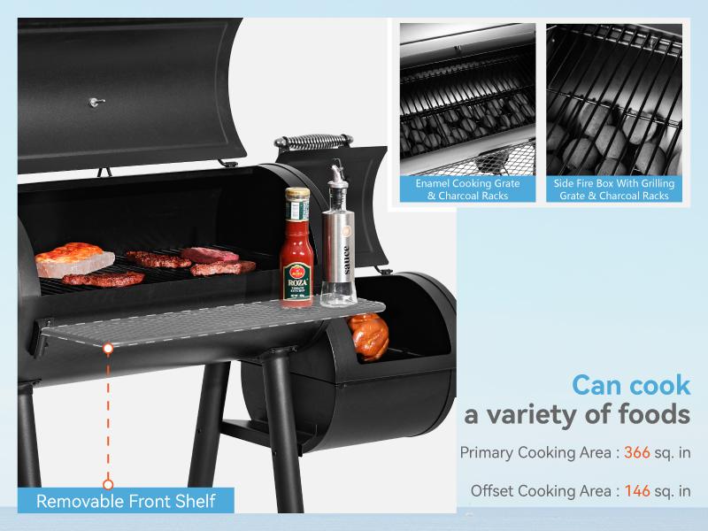 Heavy Duty Outdoor Smoker, BBQ Charcoal Grill with Offset Smoker, 512 Sq.In. Cooking Area, 49.9x24.9x48.1 Inches, Smokeless Design Portable Modern Heavy Duty Outdoor Smoker, BBQ Charcoal Grill with Offset Smoker, 512 Sq.In. Cooking Area, 49.9x24.9x48.1 Inches, Smokeless Design Portable Modern