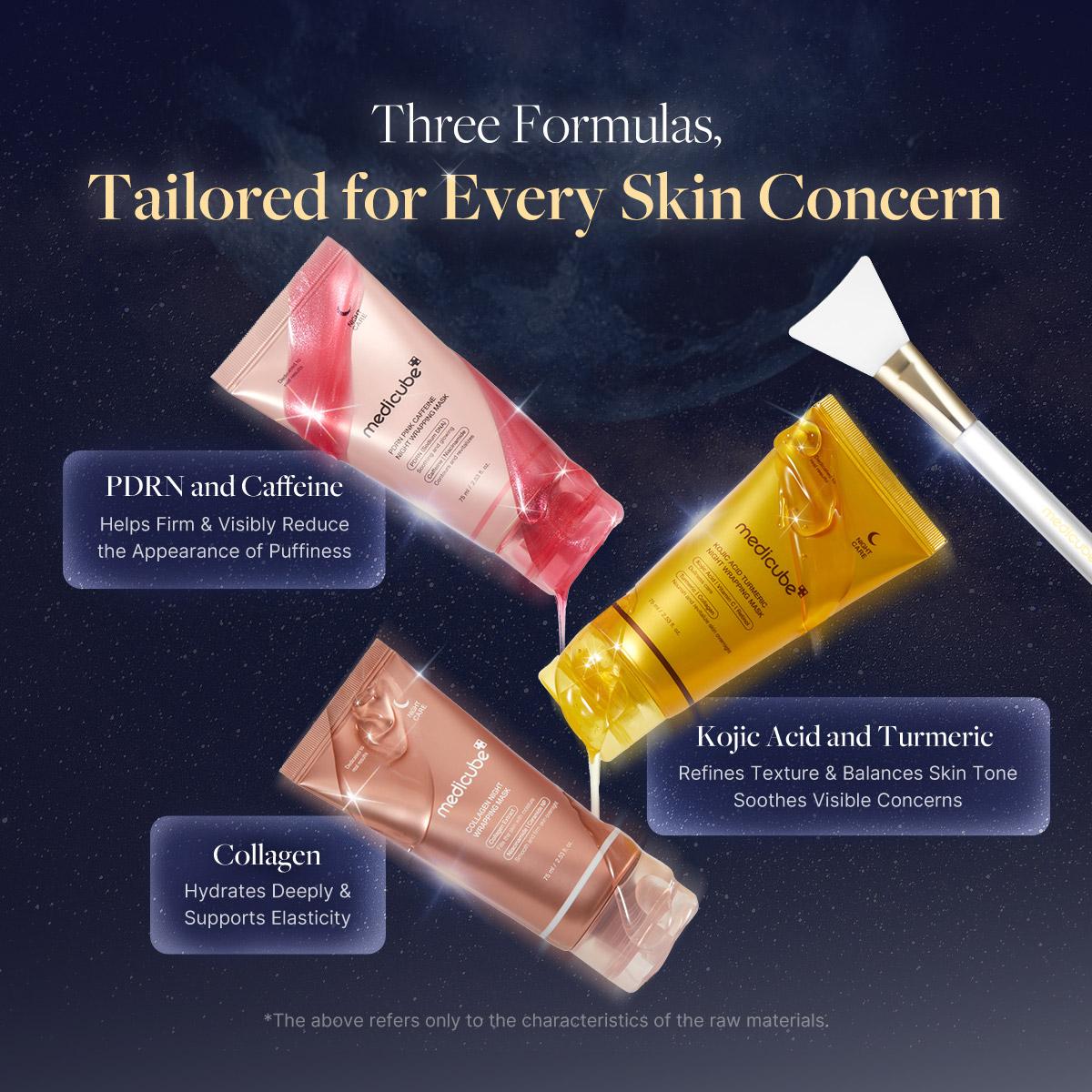 [medicube] Wrapped in Glow Trio : Viral Morning Shed Wrapping Mask SET with Free Jelly Brush | PDRN Pink Caffeine Wrapping Mask, Kojic Acid Turmeric Night Wrapping Mask, Collagen Night Wrapping Mask