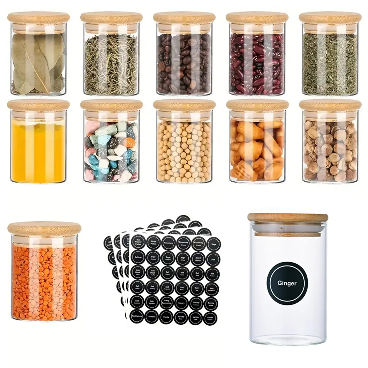 12pcs Round Shape Glass Spice Jars Set, 8oz Airtight Kitchen Seasoning Containers with Glass Body, Bamboo Lids and Labels for Kitchen Storage
