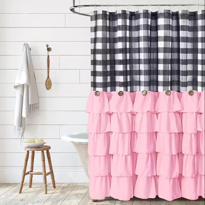 Farmhouse Ruffle Shower Curtain with Handmade Vintage Buttons, Country Buffalo Plaid Fabric Black and White Shower Curtains for Master Bathroom, Bathroom Decor Shower Curtain with 12 Holes,72" x 72"
