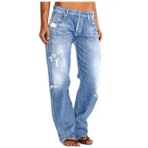 New Women Ladies Girls Men Denim Pants Casual Ripped Loose Straight Leg Jeans Trousers Trendy Bottoms for