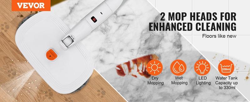 VEVOR Cordless Electric Mop Sweeper, Electric Spin Mop with Water Tank, up to 40 mins Battery, LED Headlight, Dual Mop Heads, 4 Microfiber Pads & 4 Trapezoid Microfiber Pads, for Hardwood/Tile Floor