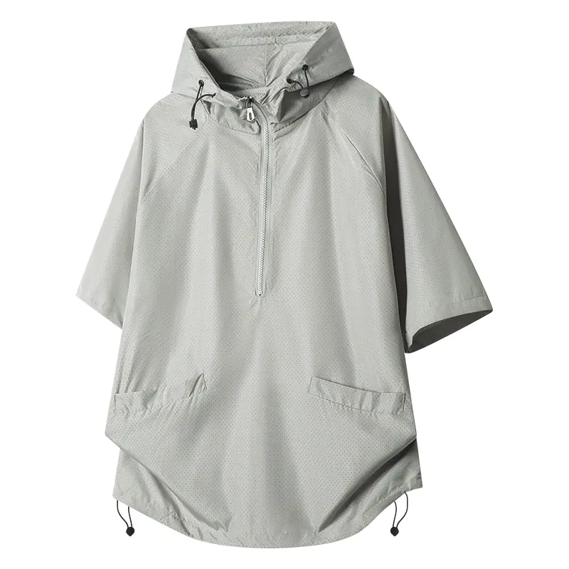 Male Plain Hooded Design Loose-Fitting Half-Zip Short-Sleeve Windbreaker, Drawstring Hem, Adjustable Hood, Mesh Breathable Fabric, 2 Side Pockets, Lightweight Machine Washable Outdoor Pullover Coat for Hiking, Daily Streetwear#SummerWins, Active Jacket, L