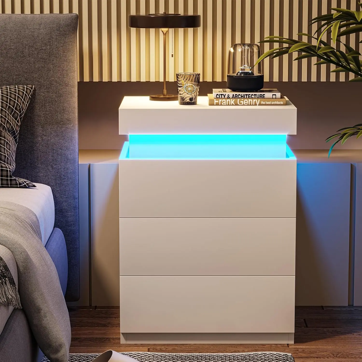 Sikaic Nightstand with Charging Station and LED Lights, White Bedside Table with Sliding Top Drawer and Storage Drawers, Modern Night Stand End Side Table for Bedroom Tabletop Design, Home Furniture, Dorm Essentials [tiktokshopbacktoschool]