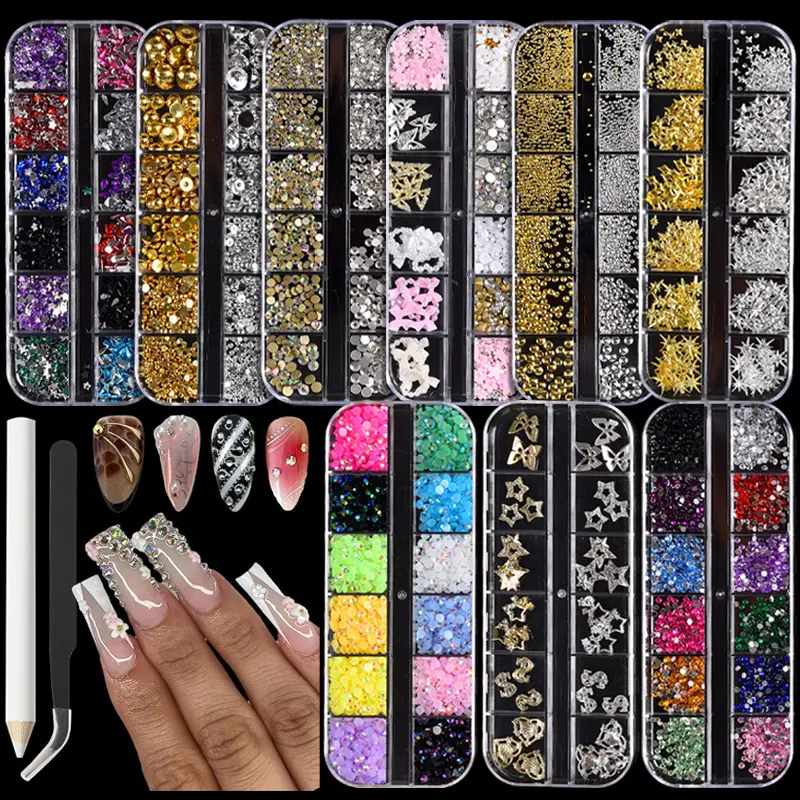 9 Boxes of Nail Gems , Nail Rhinestones Kit with D Charms for Nails, Colorful Clear Flatback Rhinestones, Multi Shape Pearls Jewels Crystals for Craft