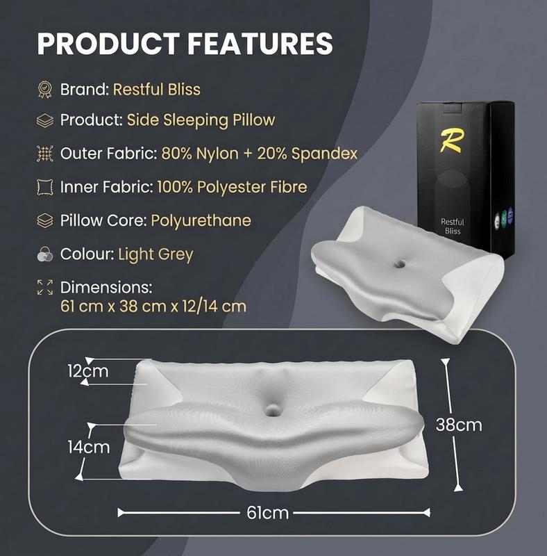 Restful Bliss Side Sleeper Pillow – Ergonomic Memory Foam Neck & Shoulder Support, Breathable Cervical Alignment Design for Side Sleeping, Pressure Relief, All-Night Comfort, Durable Contoured Orthopedic Pillow