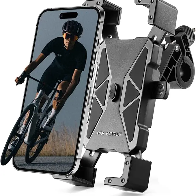 ROCKBROS Durable Cycling Cellphone Mount - Protective Accessory with Lock, Shockproof TPU Silicone Cushioning, 1-Second Locking, Quick & Easy Phone Installation, Fits Smartphones 4.7" to 7", iPhone 16/15 Pro Max/Plus, Samsung S9/S10, Black, Universal Fit
