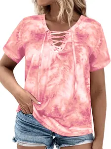 [Flash Sale] Womens Plus Size Summer Tops Casual Lace Up Front T Shirts Tie Dye V Neck Tees Trendy Short Sleeve Tunics XL-5XL 0187