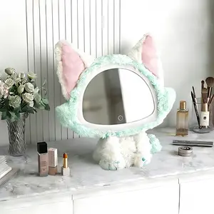 Cartoon Doll Style LED Lighted Makeup Mirror, Angle Adjustable Plush Doll Vanity Mirror, Smart Touch Controled 3-Color Dimmable Lighting with Rechargeable Lithium Battery, Perfect Hugging Gift