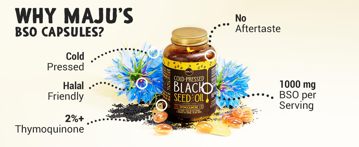 MAJU Black Seed Oil Capsules (60ct) - Thymoquinone, Vitamin Supplement, Fitness, Optimum Dietary Healthcare Support Essential Aminos Edible