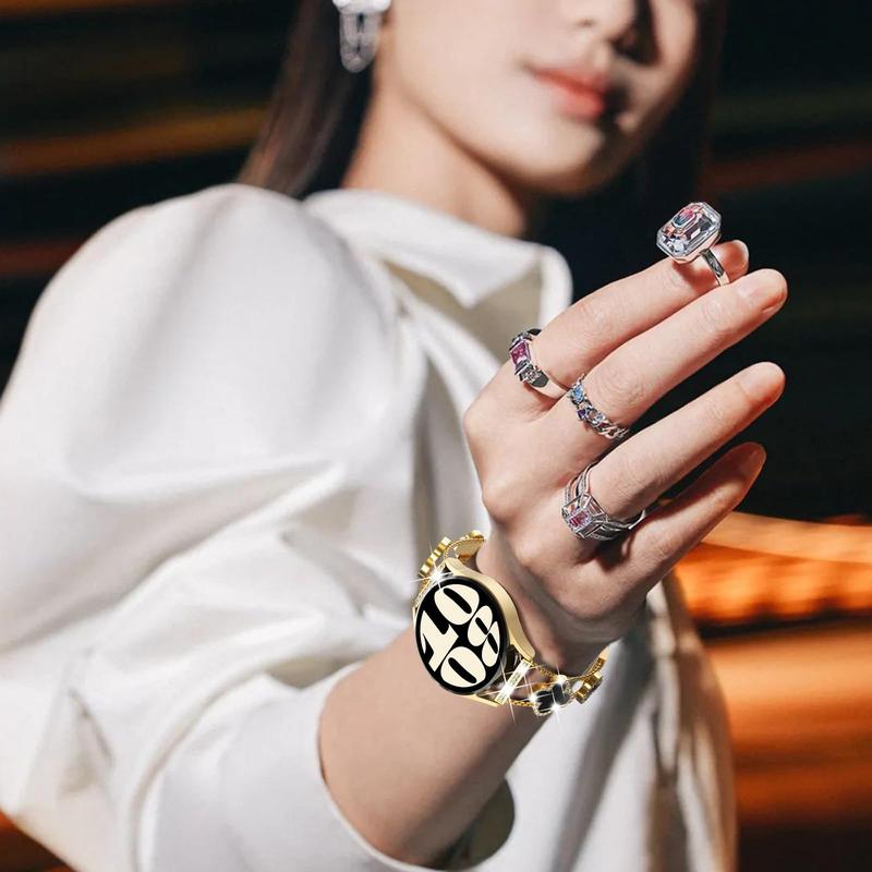 BUREI Black Shell Clover Diamond Metal Band for Samsung Galaxy Watch 7/6/5/4 20mm Sparkle Wristband Women's Elegant Rhinestone Accents Tool-Free Size Adjustable Premium Brass Alloy Fashion Accessory#TikTokShopHolidayHaul