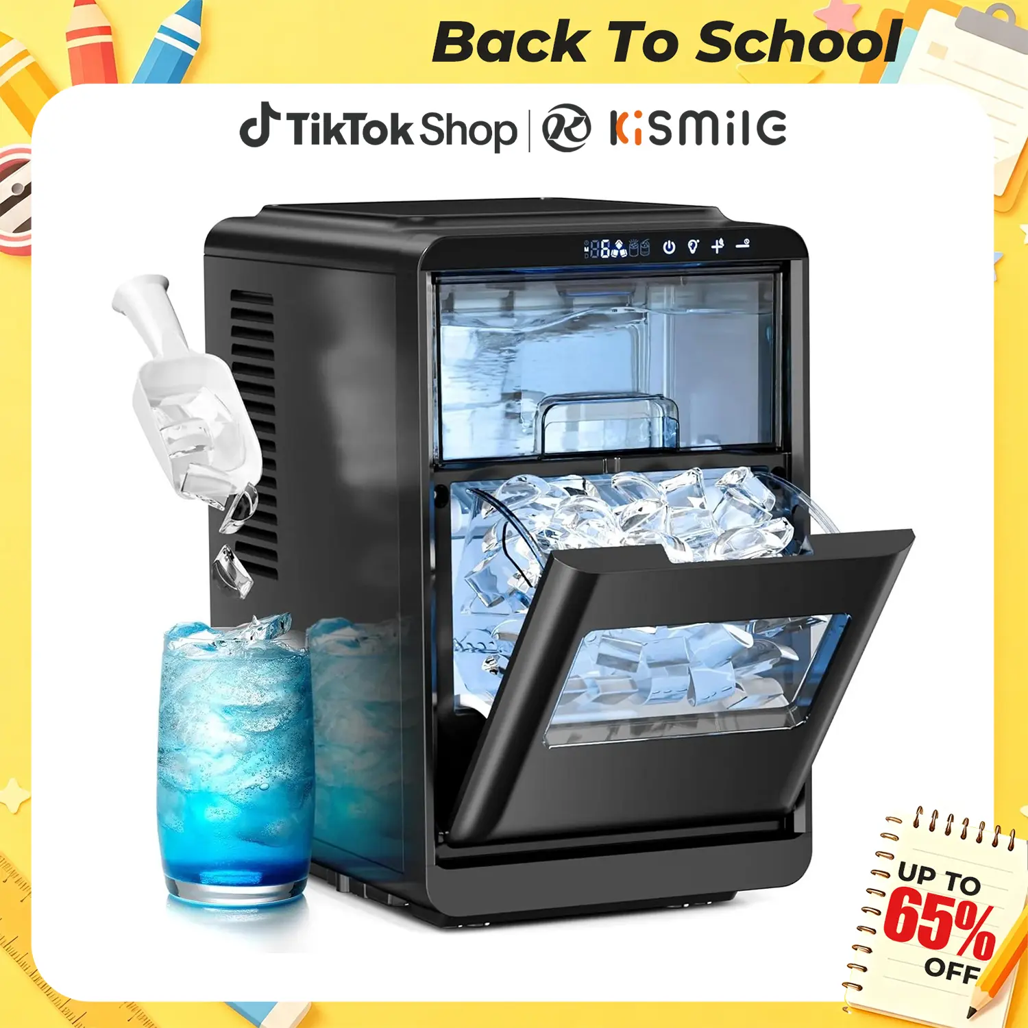 Back To School — Kismile Crescent-Shaped Ice Maker Countertop, Self-Cleaning Portable Ice Machine with LED Display, Fast Ice Making for Seafood/Home/Office/Bar