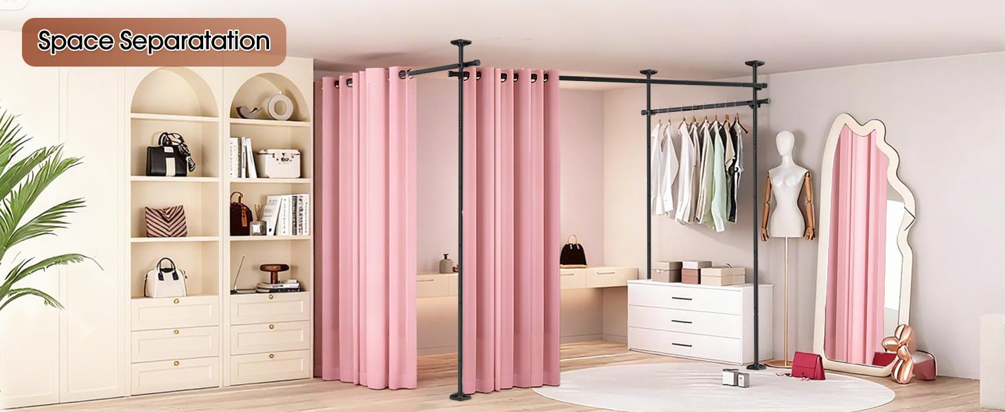 Room Divider Curtain Rod - Adjustable 4-10ft Heavy Duty Room Divider Curtain Rod | No Drilling Wall Divider for Room Separation | Freestanding Tension Curtain Stand 28-171 inch Wide Partition Space Separator Interior Decoration Accessories