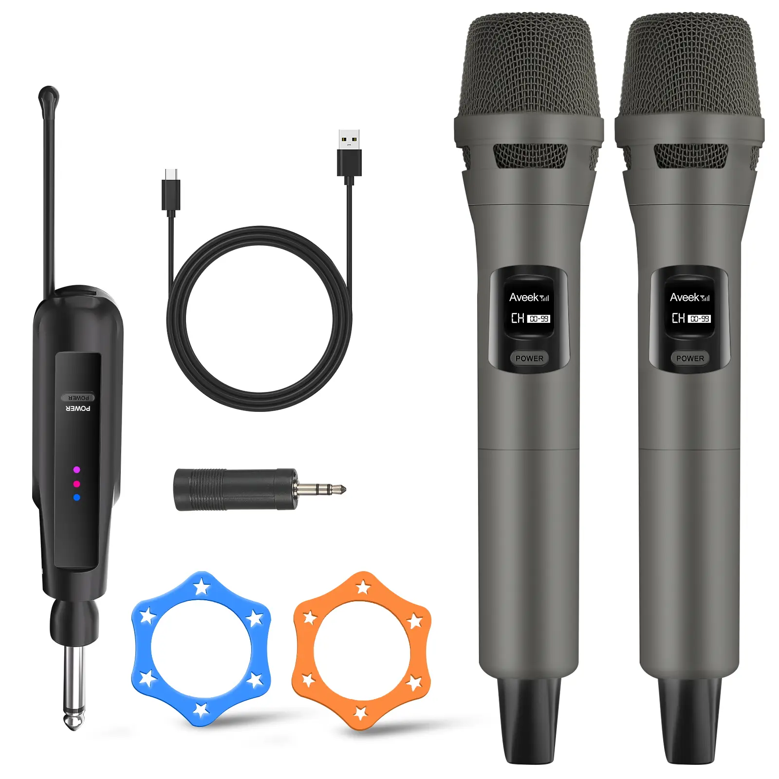 Aveek 2-Pack Grey 2.4GHz Rechargeable Cordless Dynamic Wireless Microphone with USB-C Charging, Rechargeable Battery, Wireless Receiver Device for Karaoke Machines, Party Singing, Party Speakers