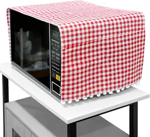 Microwave Dust Cover, Cute Dustproof Cotton Microwave Cover Kitchen Dust Appliance Covers Dustproof Cotton Linen Machine Protector Covers with Side Storage Pocket for Home Kitchen Appliance Decor, Red