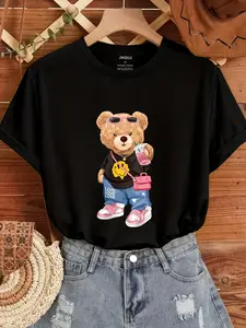 Women's Cute Bear Printed T-Shirt: Smiling bear & honey pot pattern, cotton crewneck short sleeve casual summer top, black-based pink bow & honey pot design, medium elastic comfortable fit, suitable for year-round daily & theme events, washable
