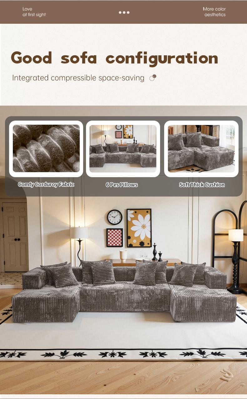 【3 Packages shipping】132"U-Shape Modular Sectional CouchSofa Compressed Corduroy Modern Sleeper Sofafor Living Room,Space-Efficient Modular FloorSofa with Soft Velvet Fabric and Deep SeatSofaConvertible Corduroy Sectional Couch bed plus