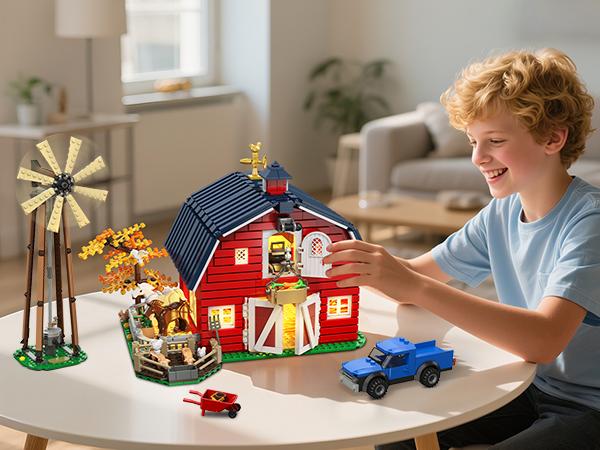 Farm Barn Building Set with LED, Western Farm House Building Block with Windmill Tractor Horse Animals 1405 PCS, Big Barn Construction Toy Brick Kit for Adults Teens Boys Girls 10-12+
