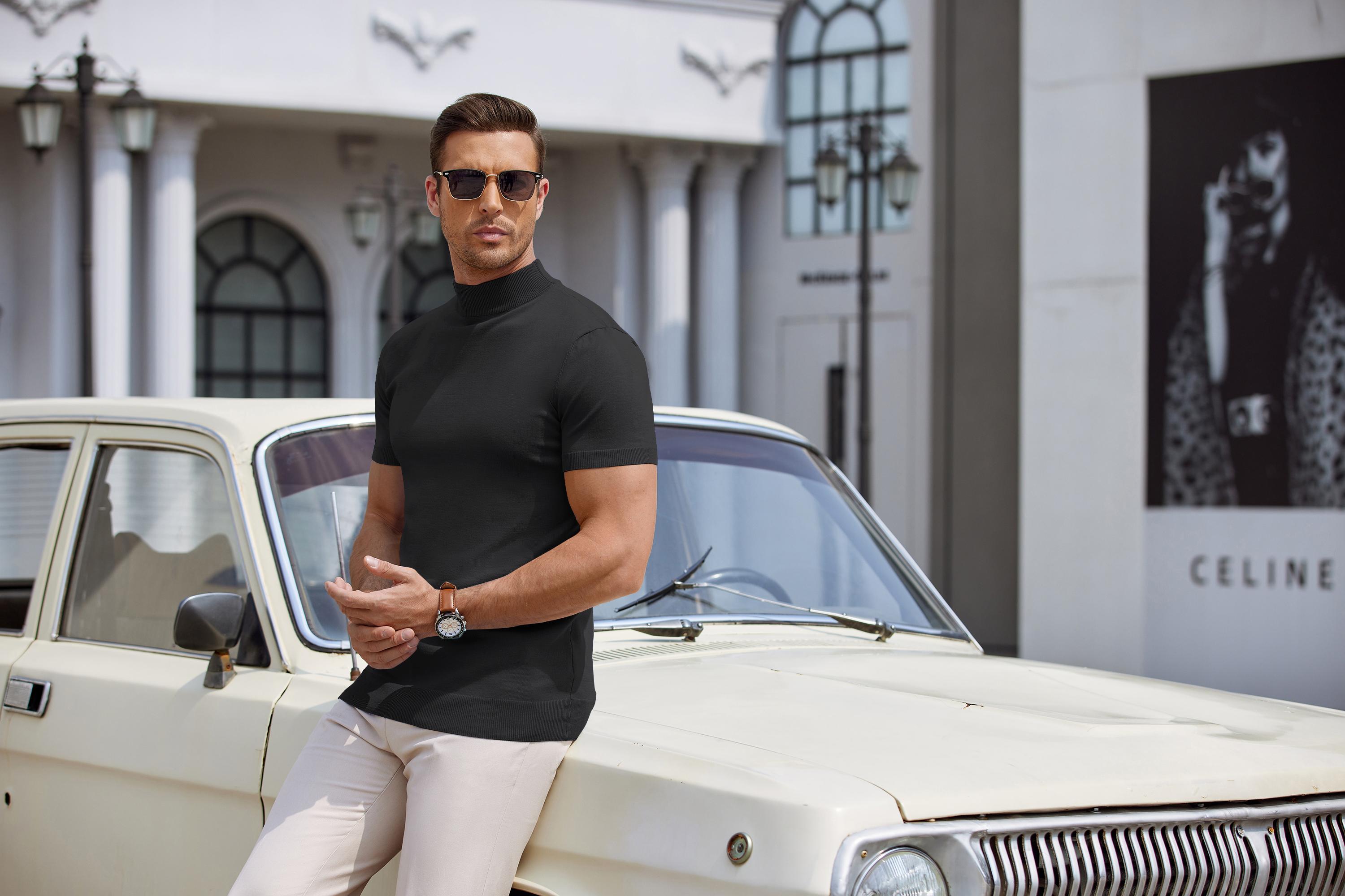 COOFANDY Mens Mock High Neck Sweater Short Sleeve Solid Color T-Shirts Basic Slim Fit Knitted Pullover Tees Casual Classic Menswear Festival Top Knitwear