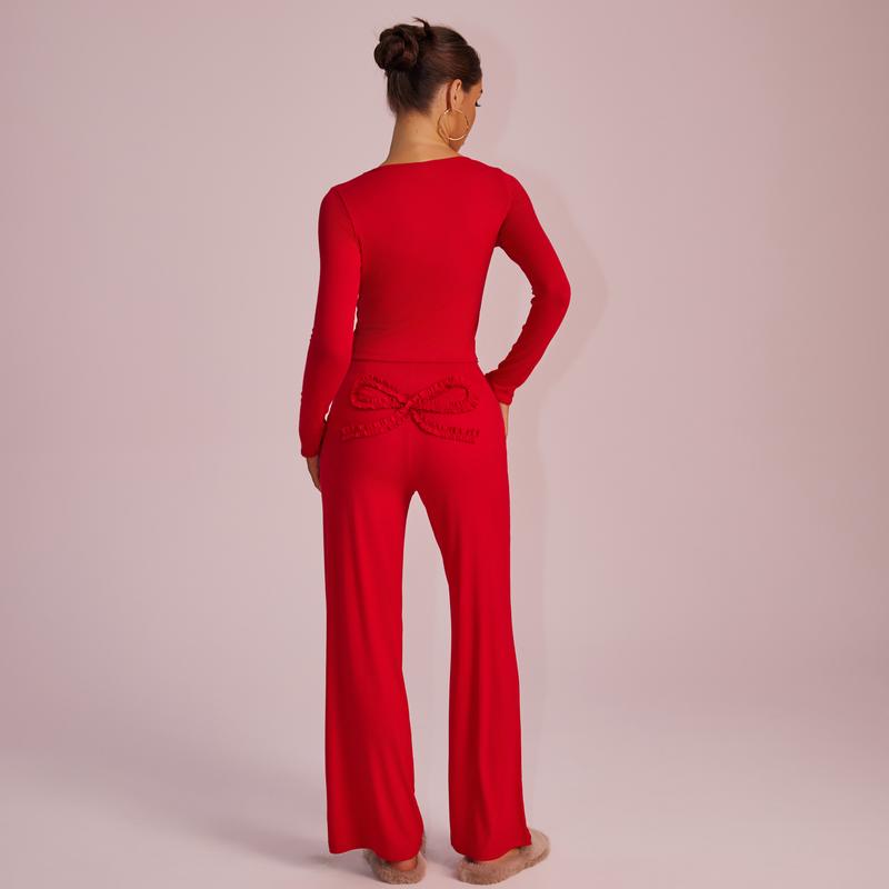 Joyfunear Solid Color Knitted Long-Sleeved Round Neck Top & Casual Straight-Leg Pants Set with Bow Decoration for Daily Wear