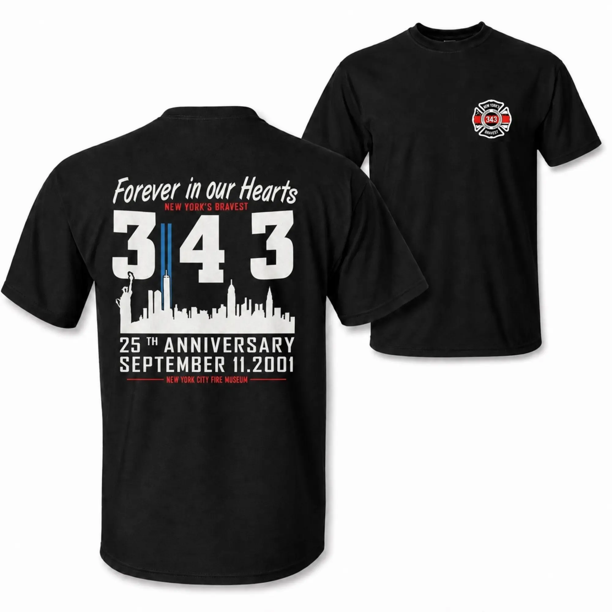 [MADE IN US] Men's 9/11 Memorial 343 T-Shirt - 25th Anniversary 2-Sided Design, New York Skyline Print, Gift for Firefighters and Patriots