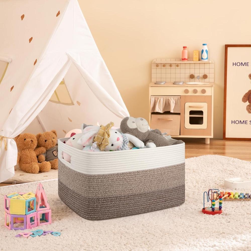 Extra Large Blanket Basket, Rectangle Woven Cotton Rope Storage Basket,Used for storing Dirty Clothes, Stuffed Animal Toy Storage for Living Room,Kids Room,Gradient Brown