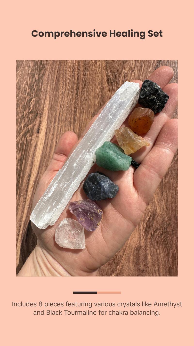 7 Chakra Crystal Set with Selenite Wand for Meditation and Healing