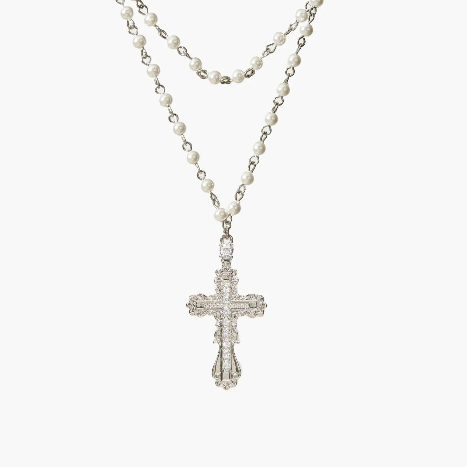 en route Everette Cross Necklace in Silver, Minimalist Pearl Cross Celestial Design, Chic Everyday Jewelry for Layered Styling & Effortless Modern Looks