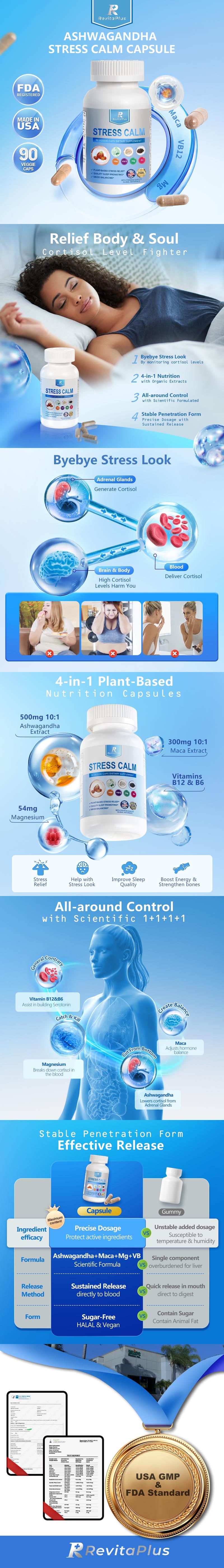 RevitaPlus Stress Calm Dietary Supplement with Ashwagandha Maca Magnesium Vitamin B12 & B6 Black Pepper 90 Veggie Capsules for Stress Relief Sleep Support & Strength Enhancement Made in USA FDA Registered - Healthcare