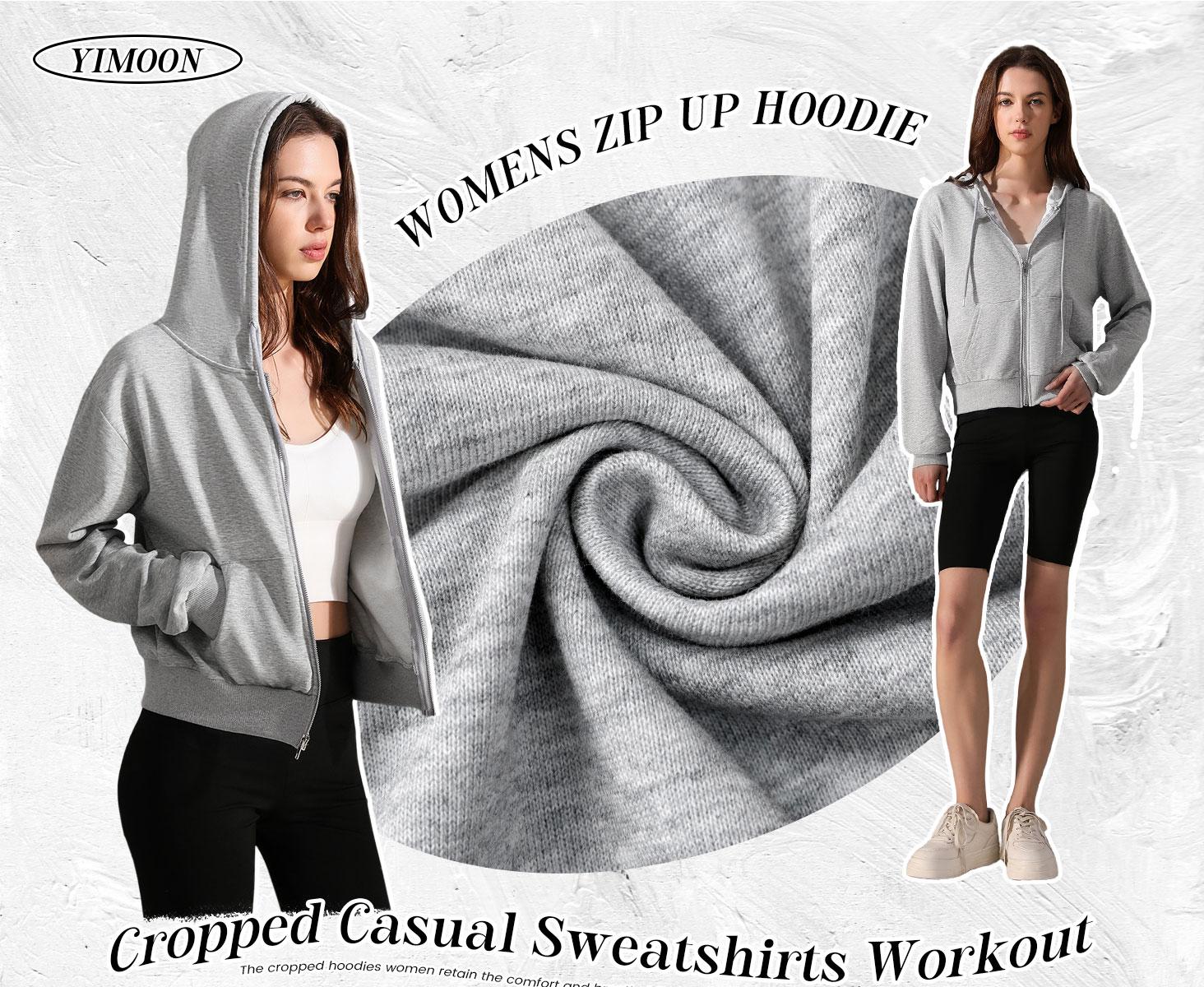 Yimoon Zip Up Hoodie Women Cropped Casual Sweatshirts Workout Long Sleeve Drawstring Hooded Jacket Crop Tops Stylish Versatile Comfort Functionality