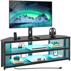 Rolanstar TV Stand with Mount and Power Outlet, Swivel TV Stand with LED Lights for 32,45,55,60,65,70 inch TVs, Black Entertainment Center Media Console with Height Adjustable Mount