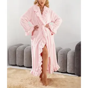 Ladies' autumn and winter warm long sleeved bathrobe, palace style French velvet pajamas, morning gowns, thickened home clothes, flannel bathrobe
