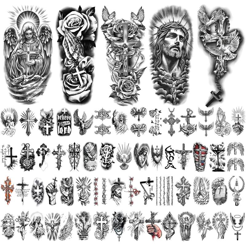 77 Sheets Christian Temporary Tattoo Adult Men Women Kids Religious Jesus Cross God Christ Catholic Realistic Half Sleeve Body Fake Tattoos Stickers