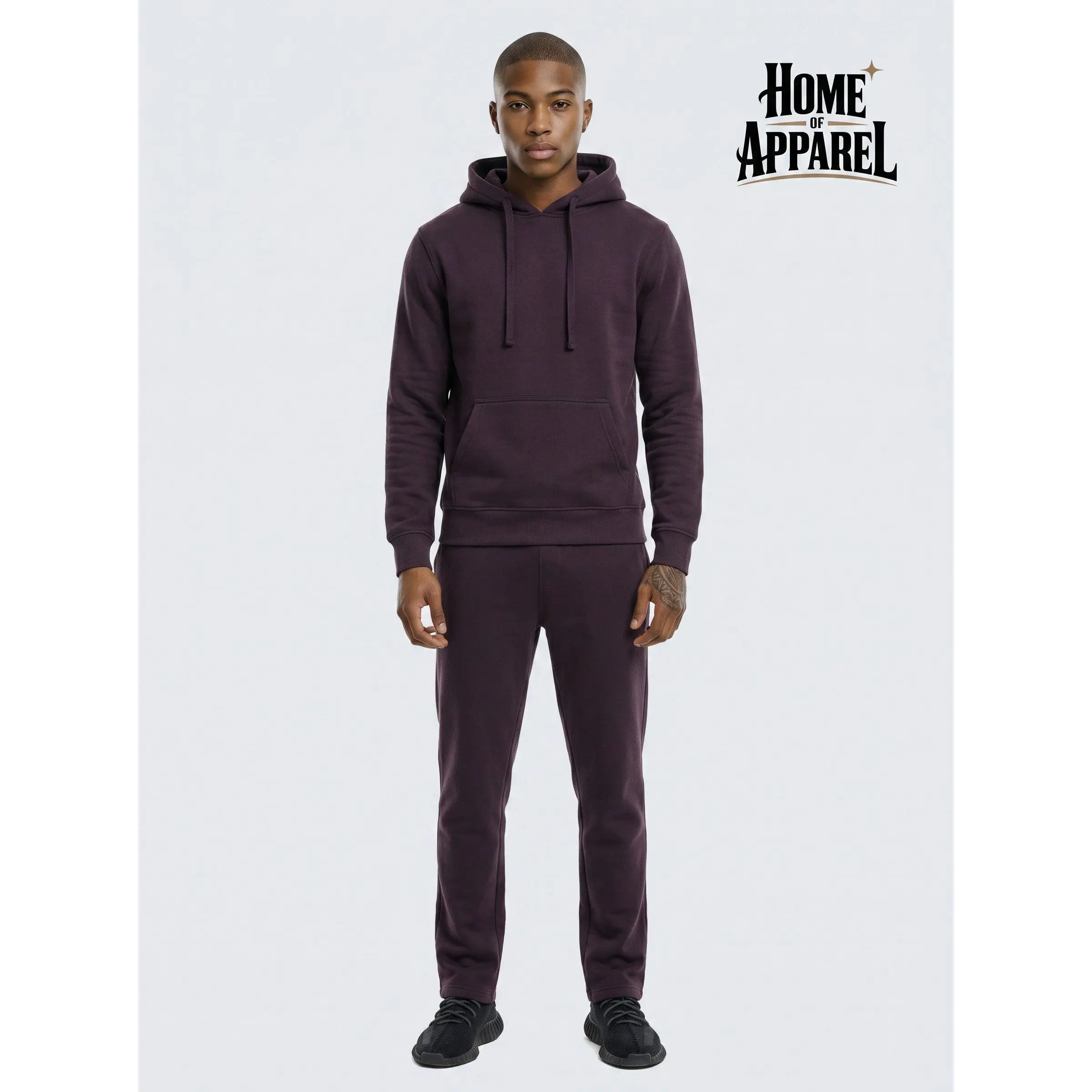 Dark Brown Heavy-Weight Cotton Fleece Matching Activewear Set, Long-Sleeve Breathable Drawstring Sweatsuit for Everyday Wear