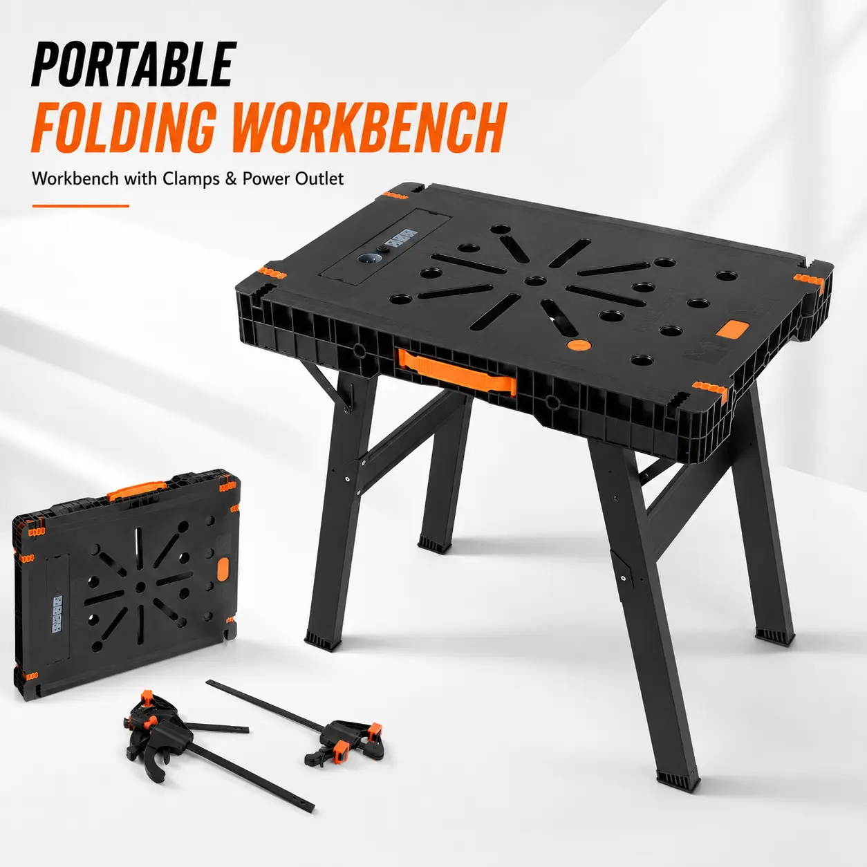 TLGREEN Folding Work Bench with Clamps, Power Strip - Compact Foldable Legs, 34" W x 22" D, 330lb Capacity, Portable Setup for Indoor Garage, Table Saw, DIY Home Projects deskmakeover, TikTok Shop Back to School, Dorm Essentials, Home Makeover