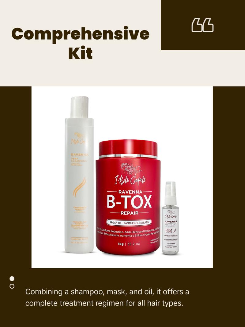 Ravenna B-tox Repair Haircare Kit - 1kg Shampoo, 60ml Oil, Deep Cleansing Anti-Residue Shampoo for Moisturizing Hydrating Frizz Control - Hydrate Keratin Moisturize Moisture Cleanser