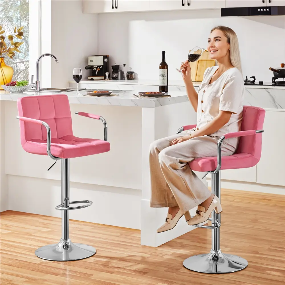 Yaheetech Glam Pink Velvet Fabric Swivel Barstools - Height-Adjustable Dinner Swivel Chairs with Large Steel Base, Backrest, Footrest for Kitchen Bar Counter, Bar Decor, Hotels