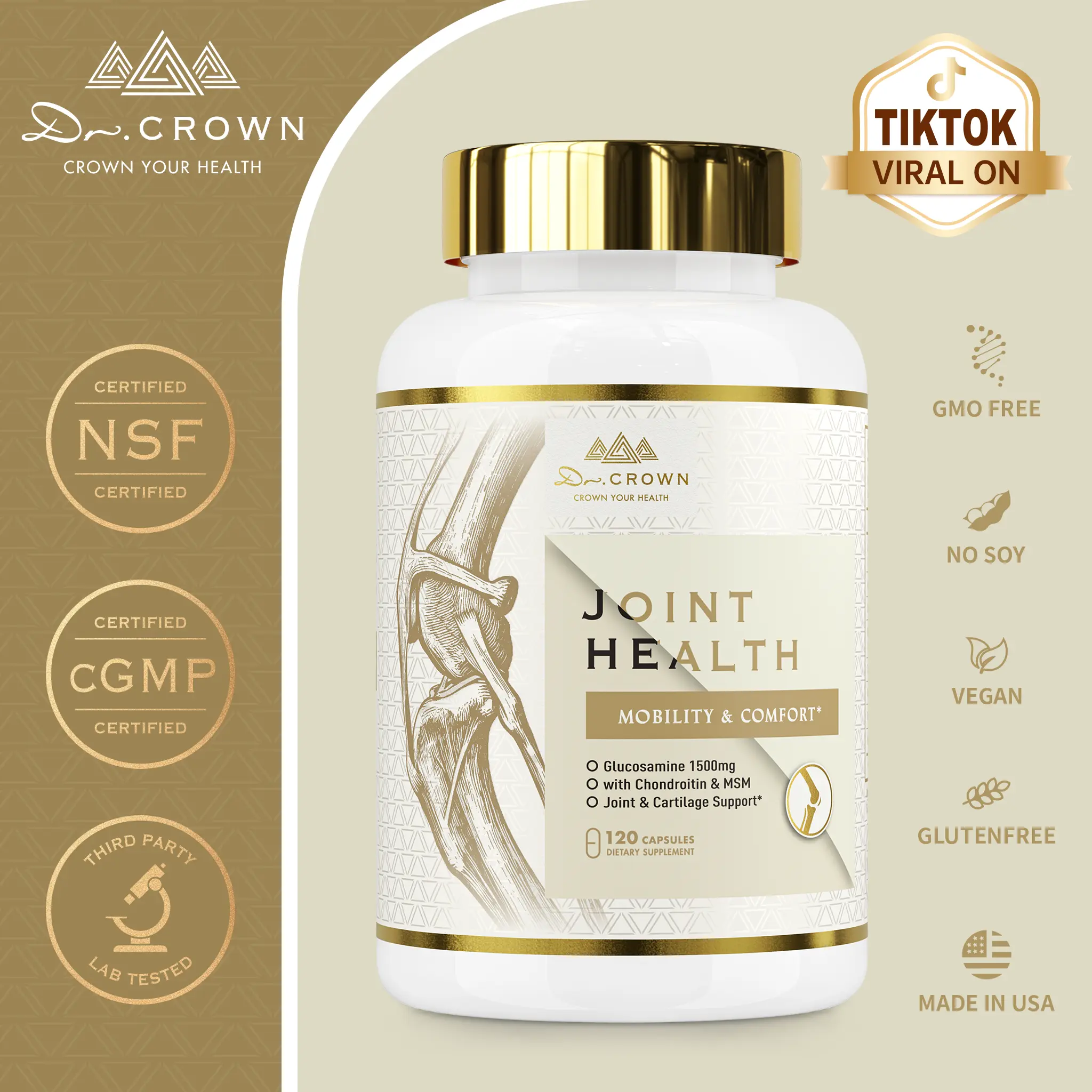 Dr. CROWN Joint Health Dietary Vitamin Supplement for Women & Men with Glucosamine, Chondroitin, MSM, Turmeric - 120 Capsules