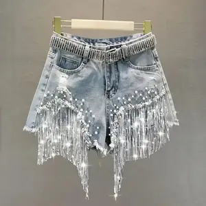 Denim Shorts Women's 2025 Summer Clothes New European High Waist Thin Heavy Industry Beaded Sequined Fringed Broken Copper Jeans