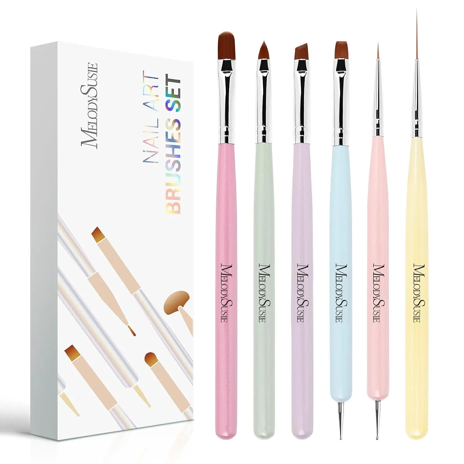 MelodySusie Nail Art Brushes Set,6pcs Nail Art Design Pen Painting Tools with Extension Gel Brush, Polish Brush, Builder Brush,Liner Brush, Carved Brush, and Dotting Pen for Home DIY Salon Use