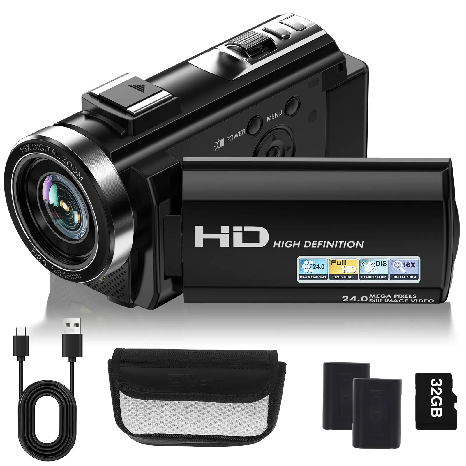 1080P Digital Camcorder, Full HD 30FPS Video Camera Recorder 24MP 3" Rotation Screen,16X Zoom Handheld Camcorder for YouTube Vlogging, Video Blog Camera, Includes Remote & 32GB Memory Card, Multifunction HD Recorder, Mini Camcorder, Handycam