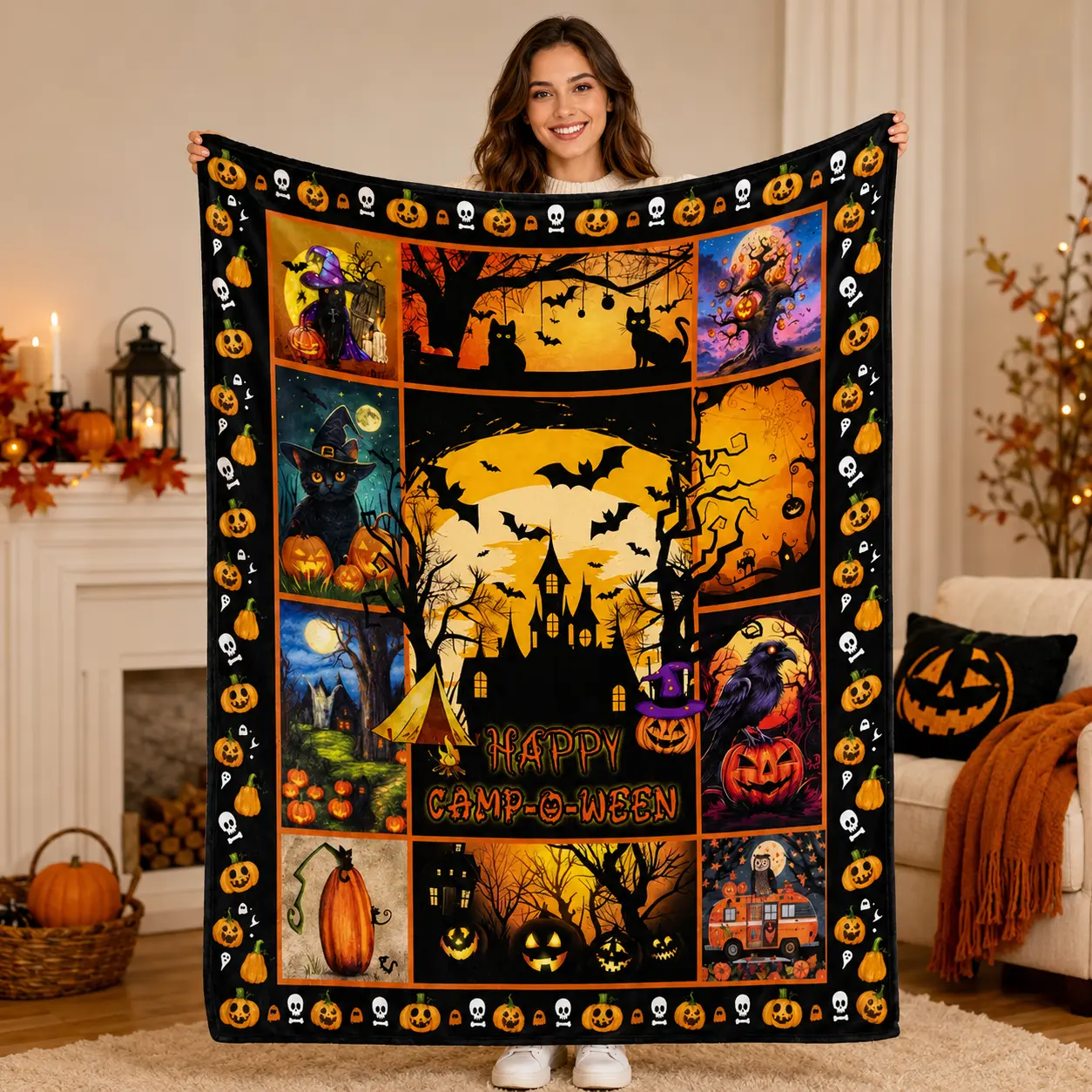 Vintage Halloween Patchwork Blanket, Haunted House Pumpkin Black Cat Throw Blanket, Cozy Spooky Fall Fleece Blanket for Couch Sofa Bed Halloween Home Decor Gift