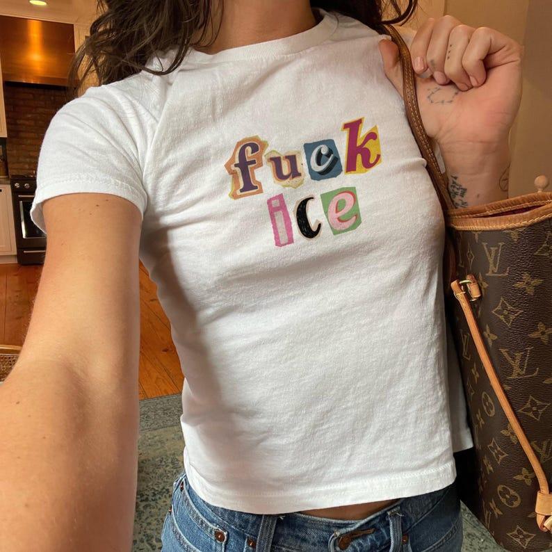 [Sale Up To 40%] Anti Ice Magazine Letter Baby Tee, Fuck ICE Y2K Baby Tee, Protect Immigrants Tee, No Human Is Illegal Top, Activist Graphic Baby Tee, FDT