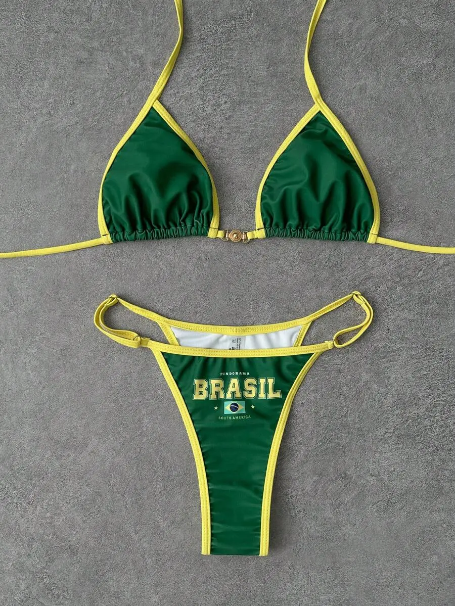Women's Fashionable Separate Sexy Spaghetti Strap Green Brazil Elegant Beach Resort Bikini Set Vacation Summer Style