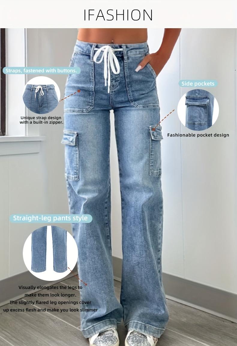 2026 New Style Women'S Leisure Straight-leg Jeans With Laces And Multiple Pockets.Casual Fashion Denim Fabric Sweatpants Jeans Fit Womenswear