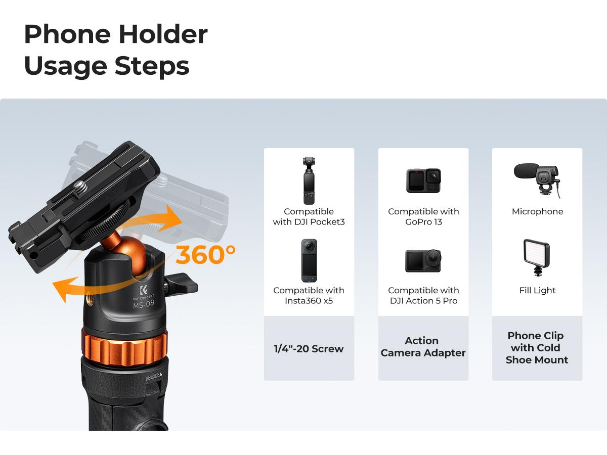 K&F CONCEPT Selfie Stick Tripod – 2-in-1 Phone/Camera Stand with Built-in Remote| For iPhone/Android, Works with Selfie Accessories & GoPro/DJI/Insta360| Ideal for Travel/Live Streaming/Vlogging/Daily Use K&F CONCEPT Selfie Stick Tripod – 2-in-1 Phone/Camera Stand with Built-in Remote| For iPhone/Android, Works with Selfie Accessories & GoPro/DJI/Insta360| Ideal for Travel/Live Streaming/Vlogging/Daily Use