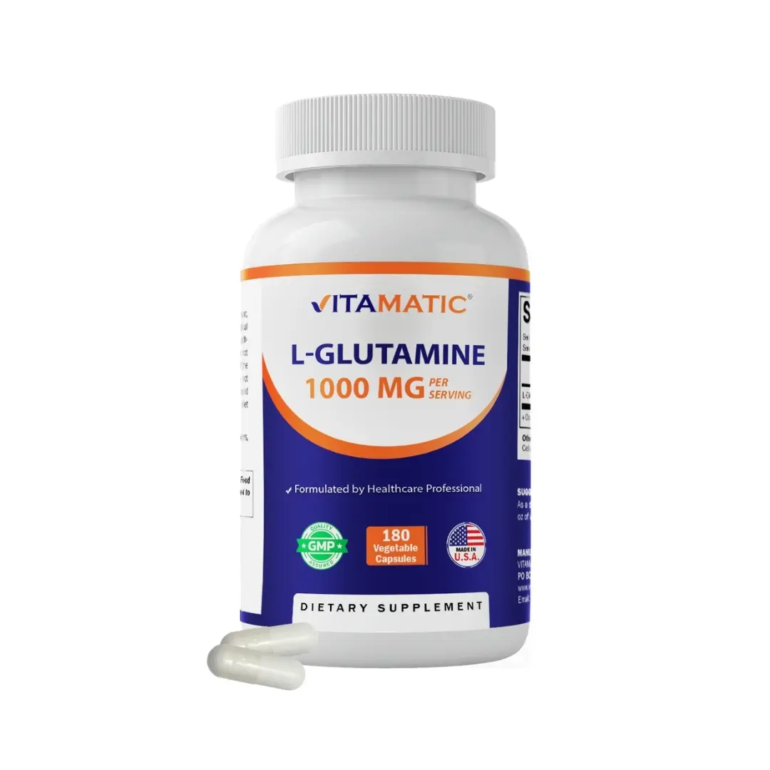 Vitamatic Edible L-Glutamine Amino Acid Dietary Supplement for Adults - 1000 mg Per Serving, 180 Vegetarian Capsules, Sugar Free, Gluten-Free, Non-GMO, GMP-Compliant, Made in USA, Supports Supplement Routine & Fitness Needs