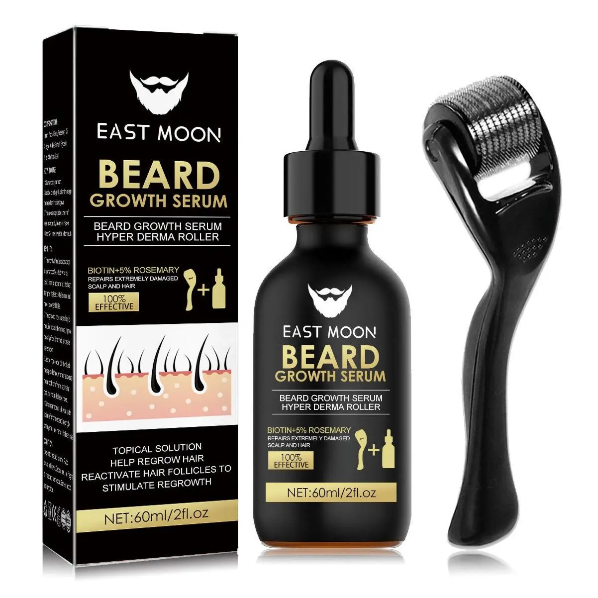 Beard Growth Serum&Beard Massage Derma Roller, Beard Care Nutritional Oil, Making Beards Thicker and More Shiny, Men's Daily Beard Care Products and Tools