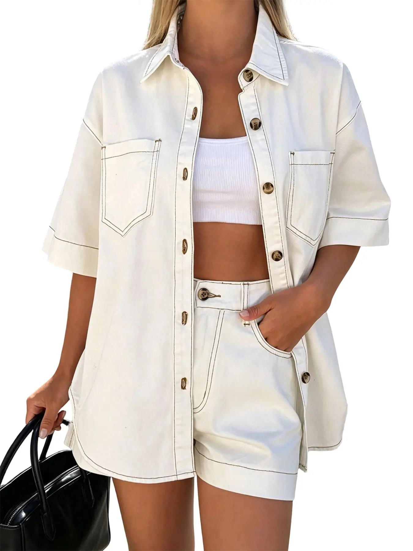 Women's Denim Two-Piece Set, Casual Style Set, Short Sleeve Shirt And High Waist Straight Leg Shorts, Loose Fit Casual Summer for Beach and Streetwear Clothes